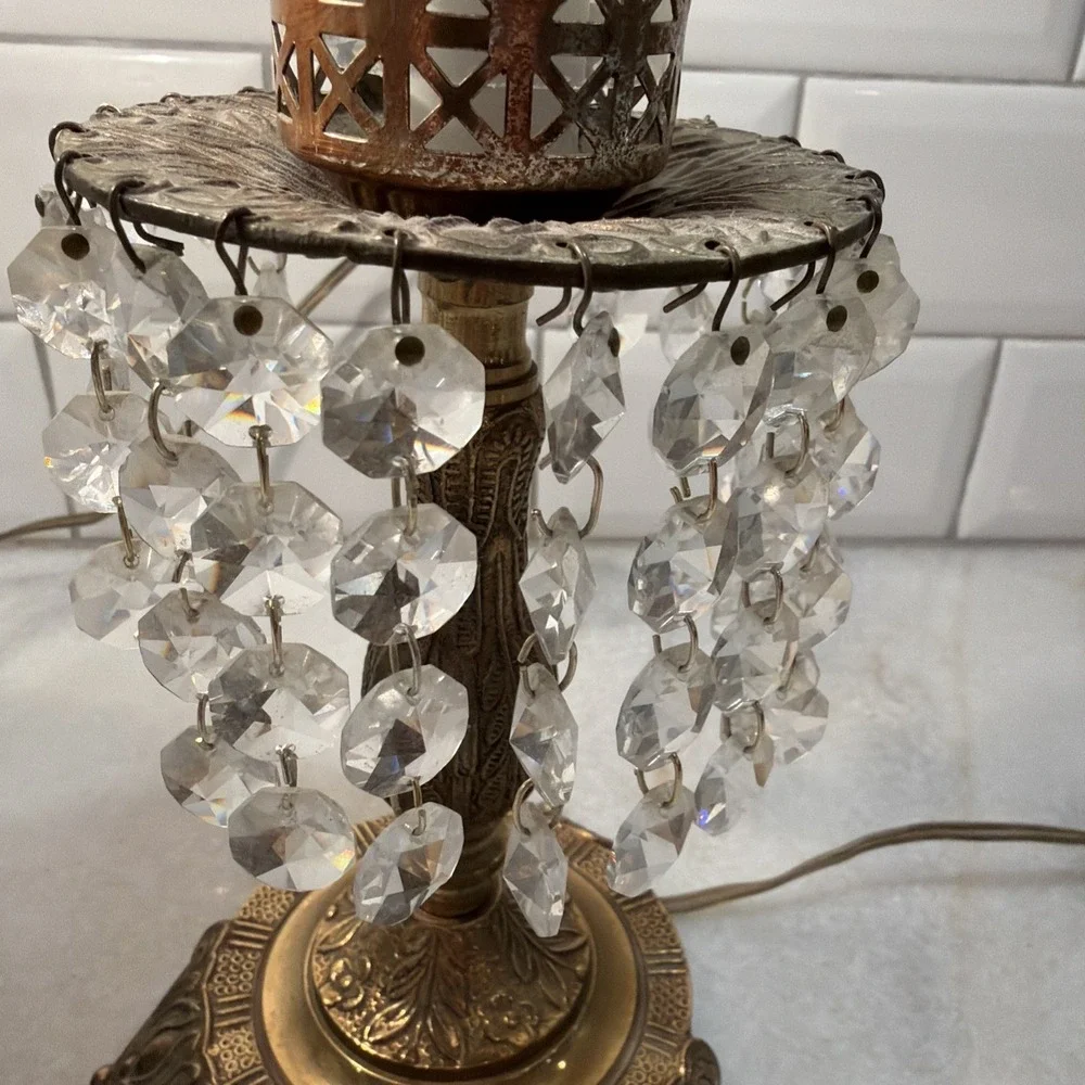 MCM Vtg Art Deco Pair Of Footed Brass Dangling Crystal Hurricane Lamps OLA0001
